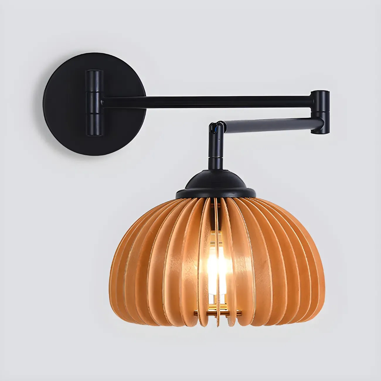 Black Metal Swing Arm Wall Light with Wood Shade