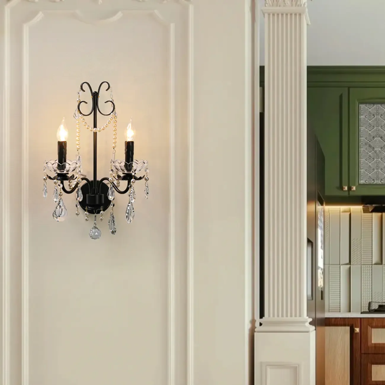 Black Modern 2-Light Candelabra Wall Sconce with Crystal