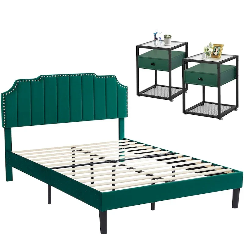 Bedroom Sets, 15 Style Options, 3-pieces Bedroom Set with Height Adjustable Upholstered Bed and Nightstands Set of 2-VECELO