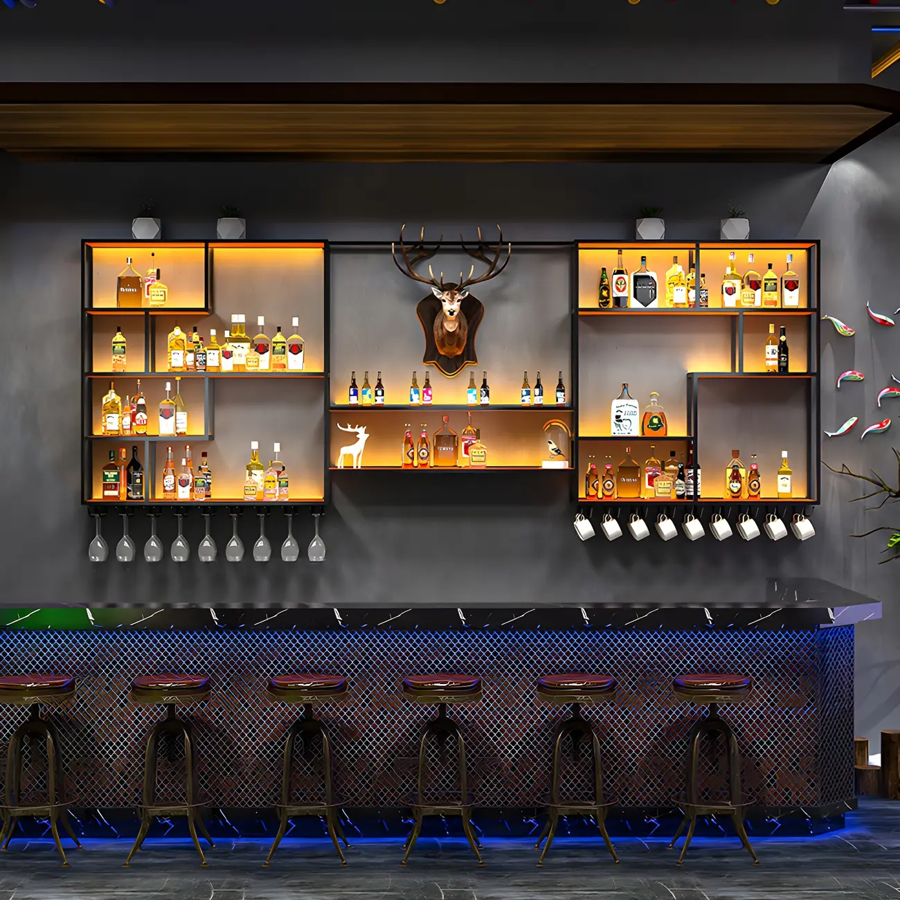 Black Metal Wall-Mounted Wine Rack with Stemware Holder