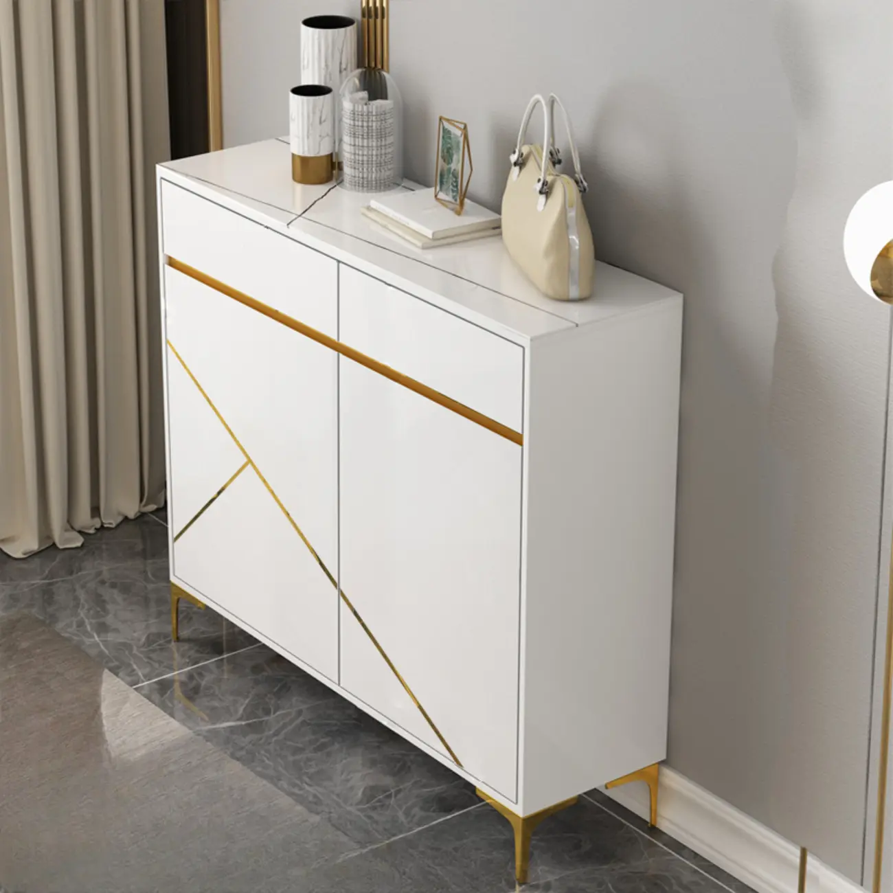 Trendy Gray Wood Shoe Cabinet with Drawers & Display Top