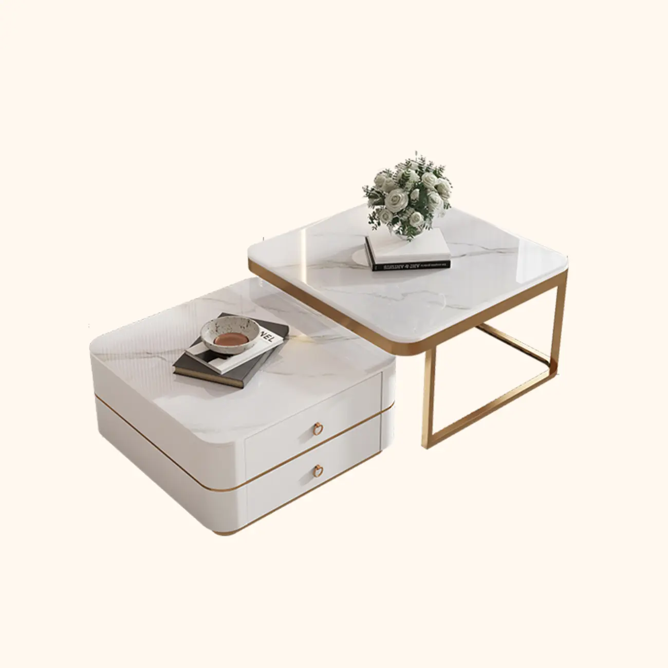 Modern Rectangular Marble Coffee Table Set with Drawers