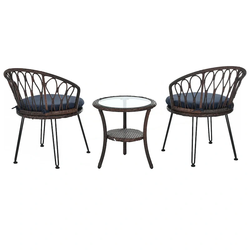 2 Rattan Single Chairs with A Glass Round Table