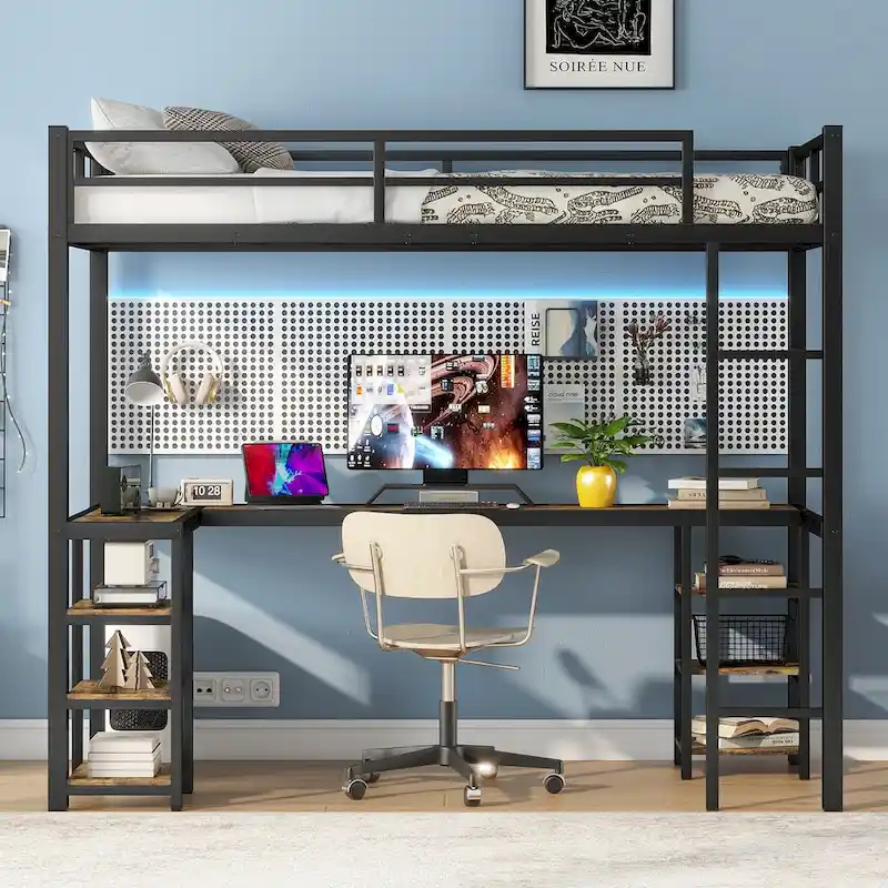 Twin XL Metal Loft Bed with Desk and Shelves