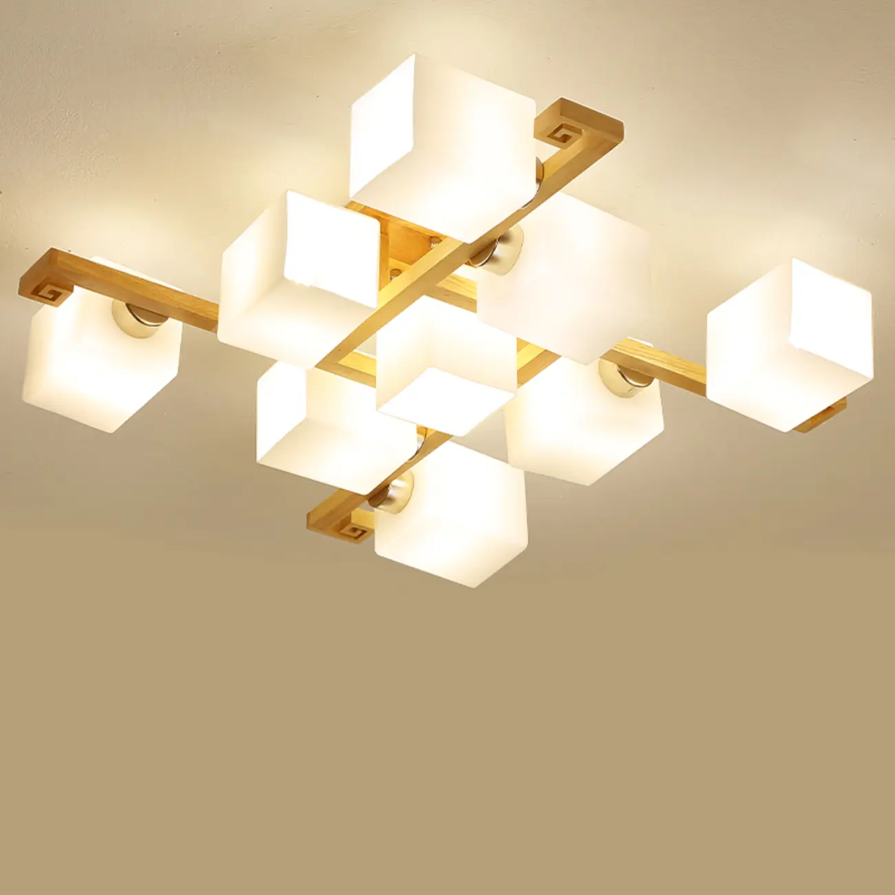 8.5 Height Square Glass Natural Wood Semi Flush Ceiling Light