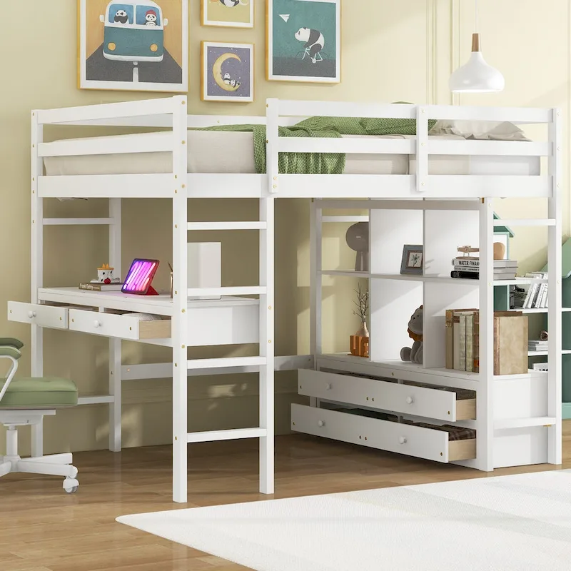 Pine Loft Bed with Built-in Desk & Drawers