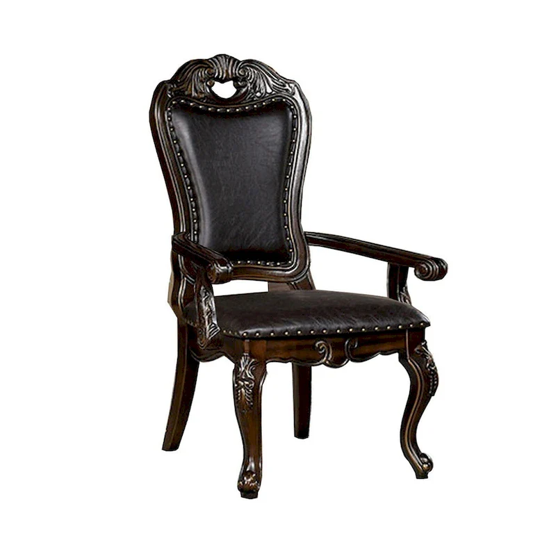 Ons 29 Inch Carved Dining Armchair, Set of 2, Brown Faux Leather