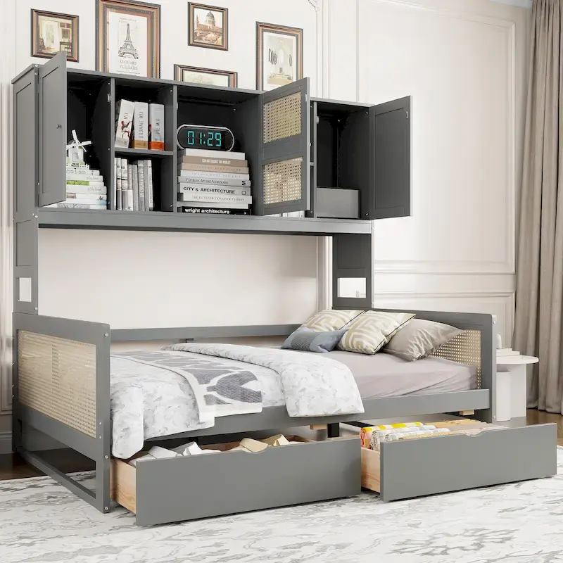 Modern Full Size Wood Daybed Storage Platform Bed Frame with All-in-One Cabinet, 2 Drawers and Shelf