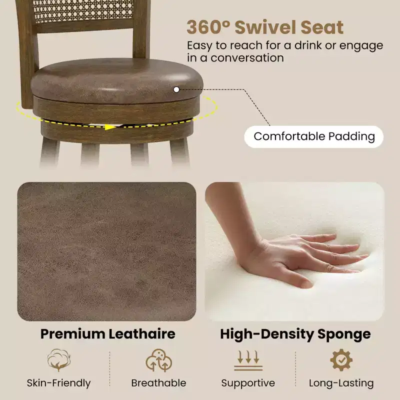 2 Bar Stools 30 Swivel Bar Chairs w/ PE Rattan Backrest Bar Height