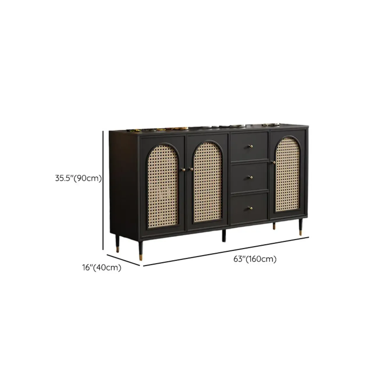 Traditional 3-Layer Rattan Wooden Black Sideboard Cabinet