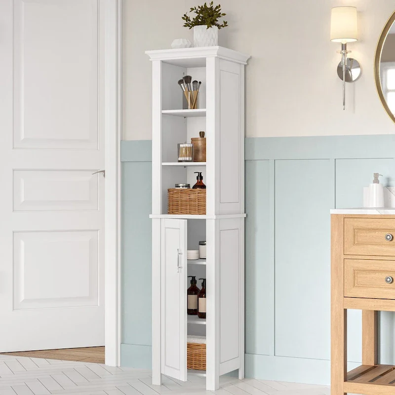 Single Door Tall Bathroom Cabinet Storage Organizer with an Open and Adjustable Shelves - White