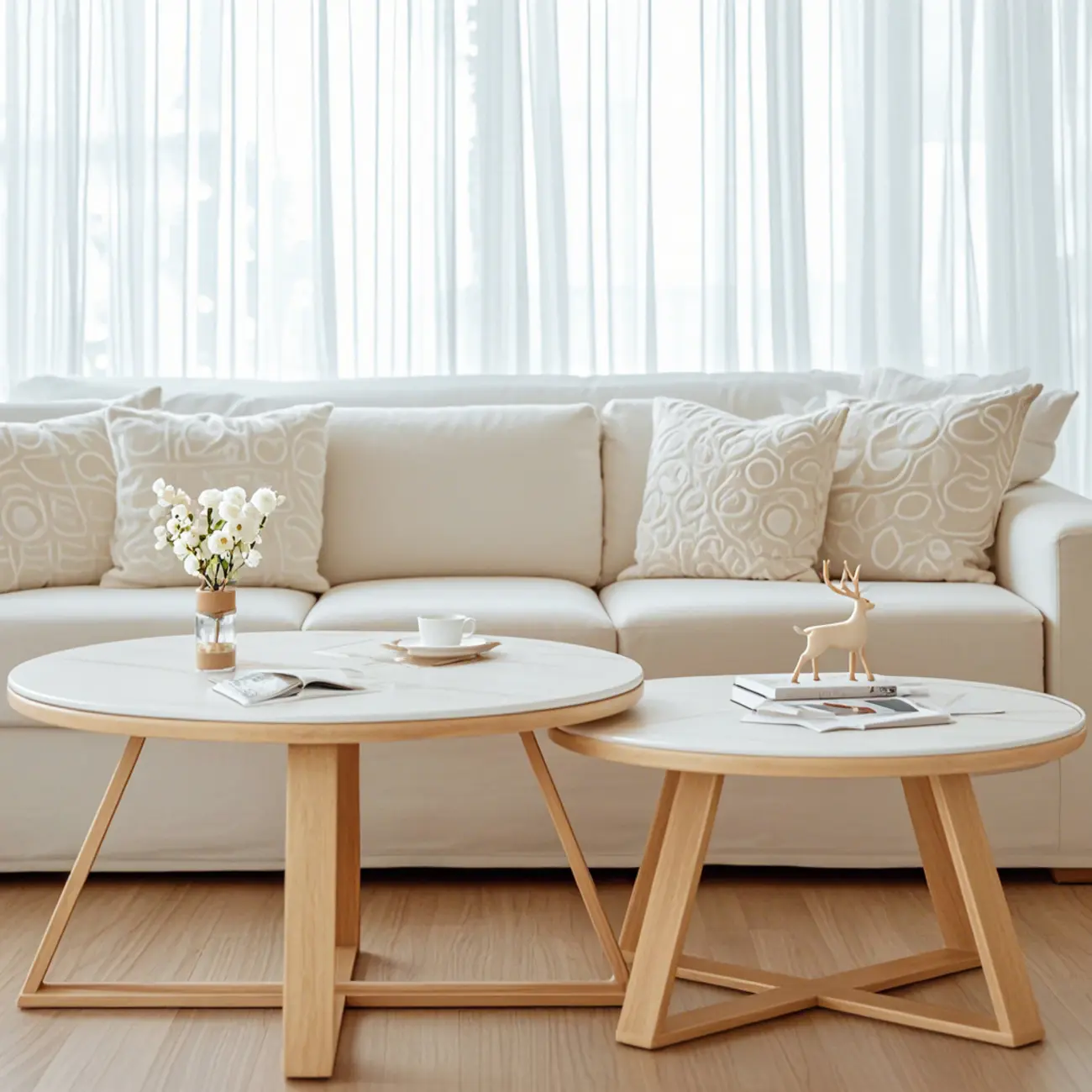 Modern Marble Round 2 Nesting Coffee Table Set with Wood Base