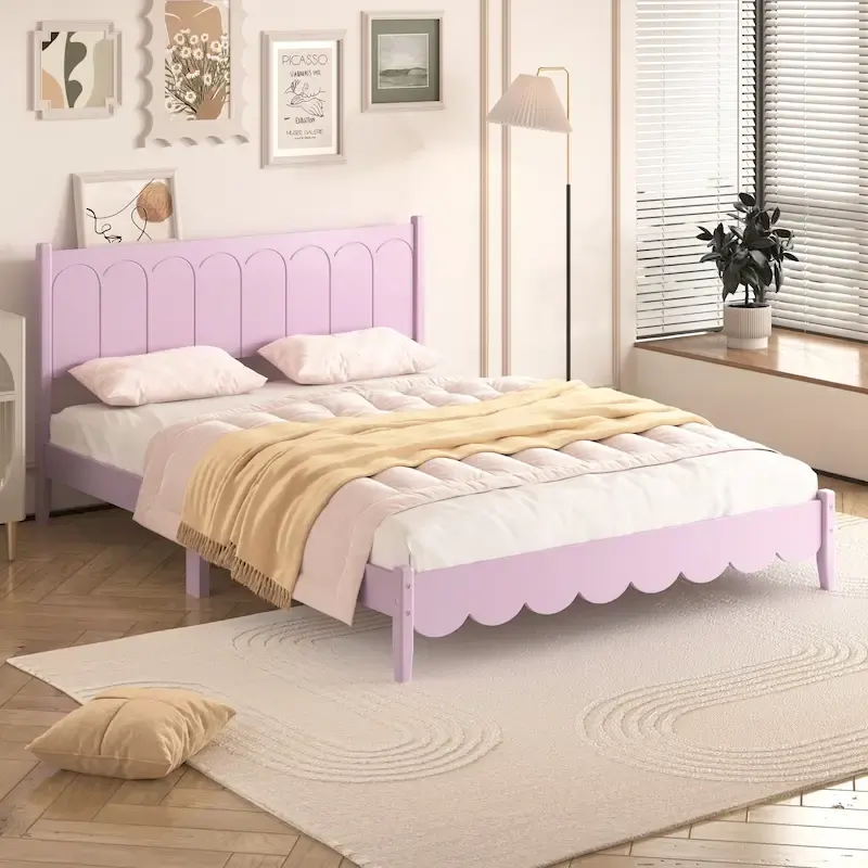 Queen Size Retro Style Wooden Platform Bed with Rectangular Headboard