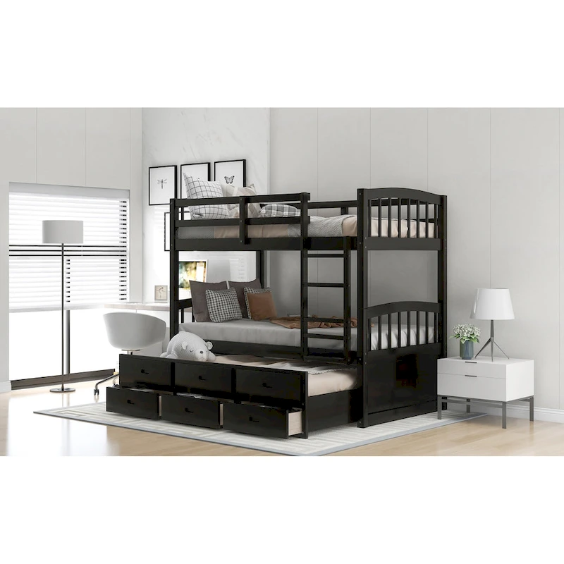 Wood Bunk Bed with Trundle and Drawers