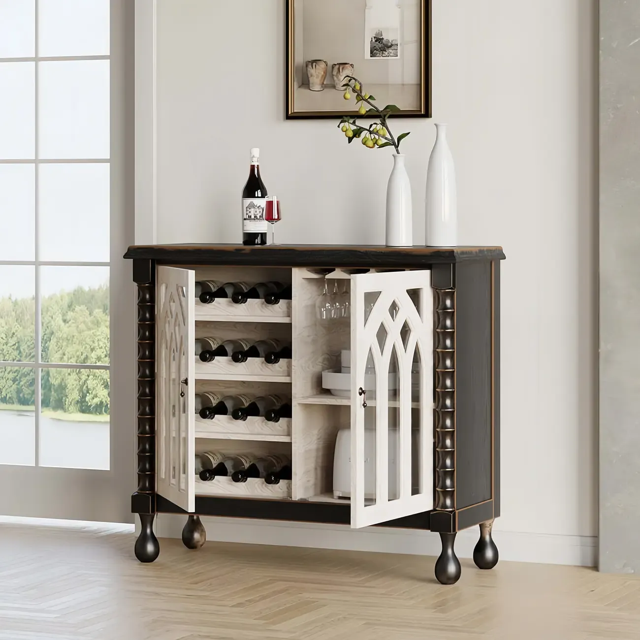 Traditional Black MDF Wine Rack Cabinet with Doors