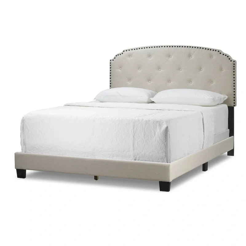 Arin Beige Fabric Queen Bed with Button Tufting and Black Nail Head