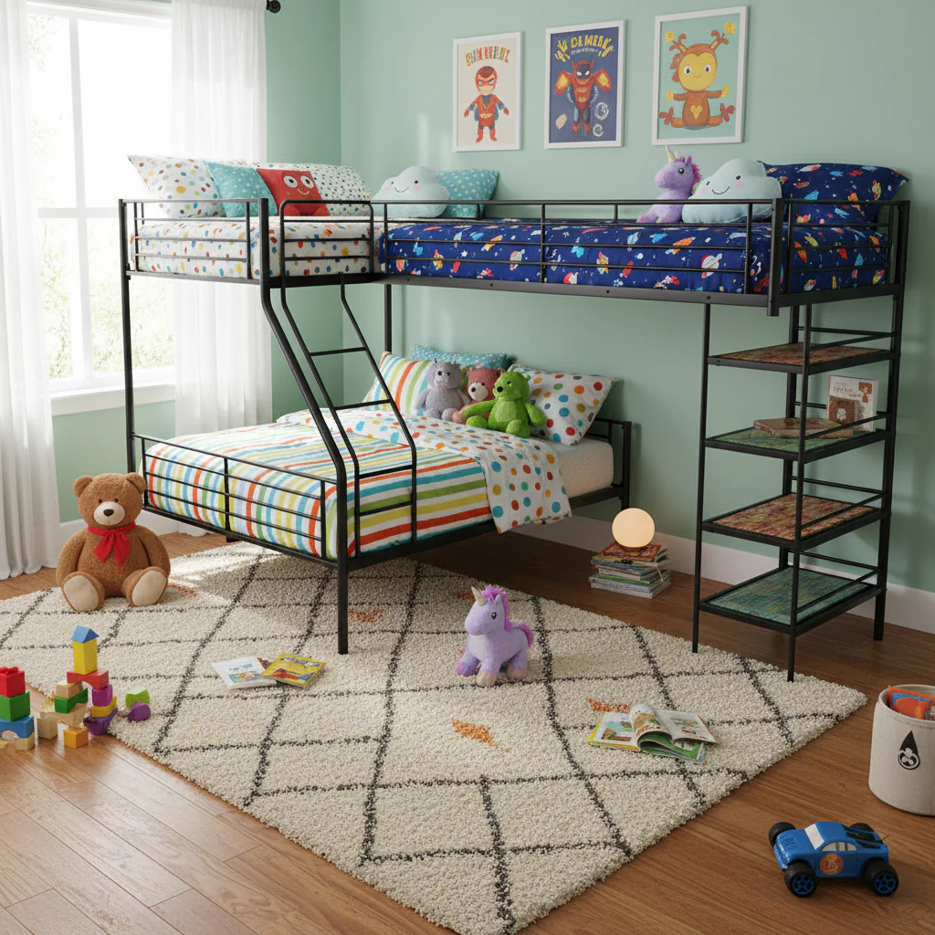 L-Shaped Metal Bunk Bed with Loft – Black, Twin over Full + Twin Loft, Sleeps 3