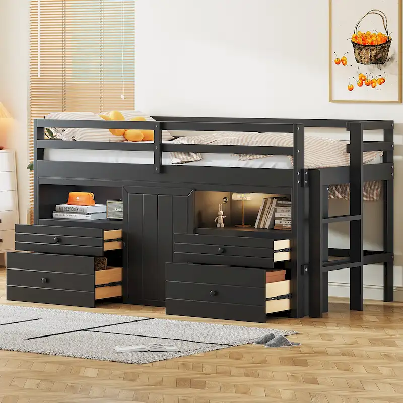 Espresso Twin Size Solid Wood Loft Bed with 4 Drawers, Underneath Cabinet and Shelves