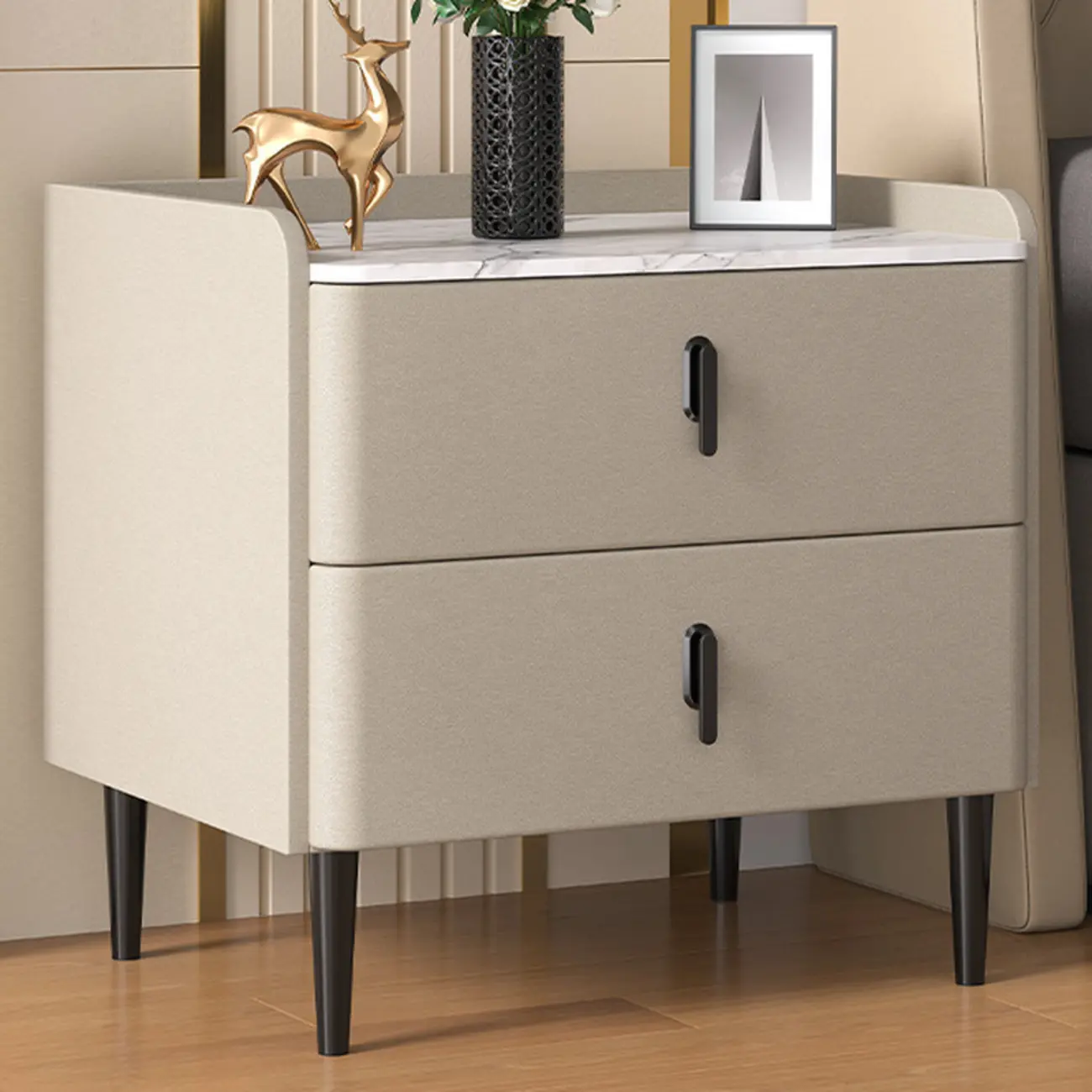 Modern Stone Top Leather Drawers Nightstand with Golden Legs