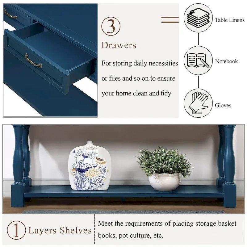 63 Solid Wood Console Table with 3 Drawers and 1 Bottom Shel