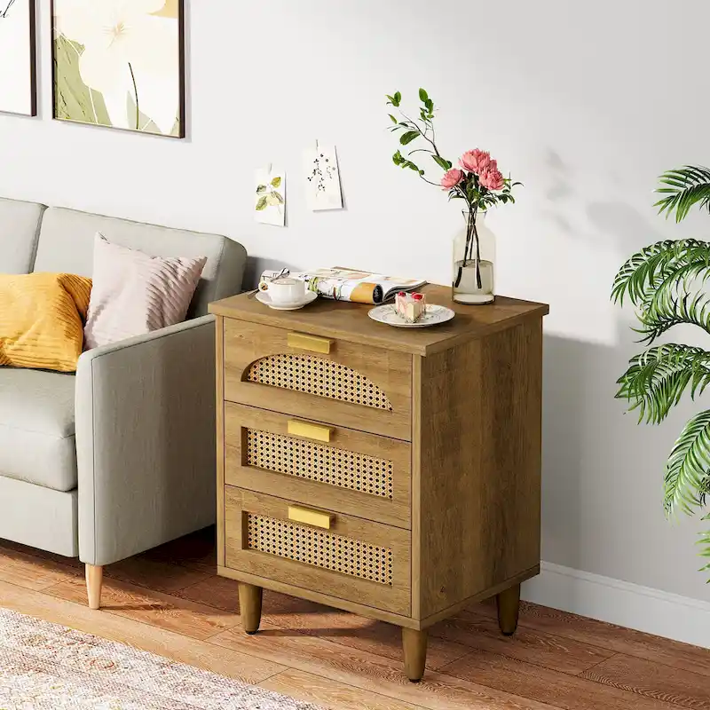 Wood and Rattan 3-Drawer Nightstand with Metal Handles