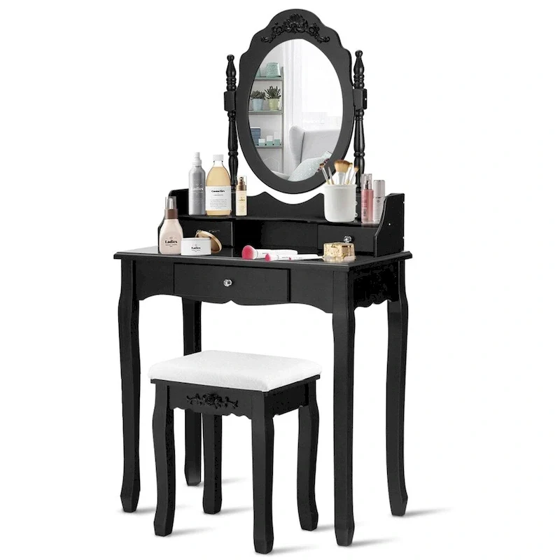 Vanity Mirrored Wood Makeup Dressing Table Stool Set Black/ White