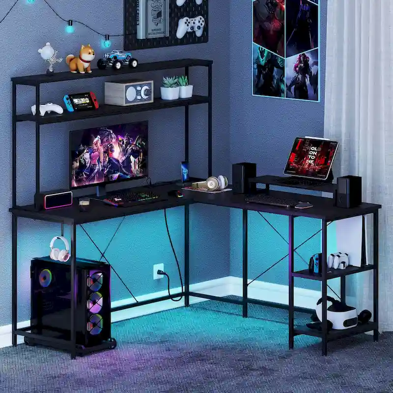 Costway L-Shaped Gaming Desk with LED Strip & Power Outlets Hutch - See Details