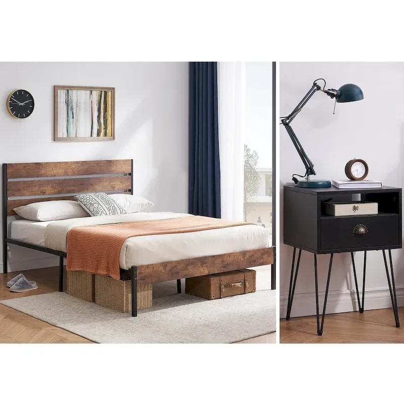 Taomika 3-Pieces Industrial Bed and Modern Square Nightstands Set