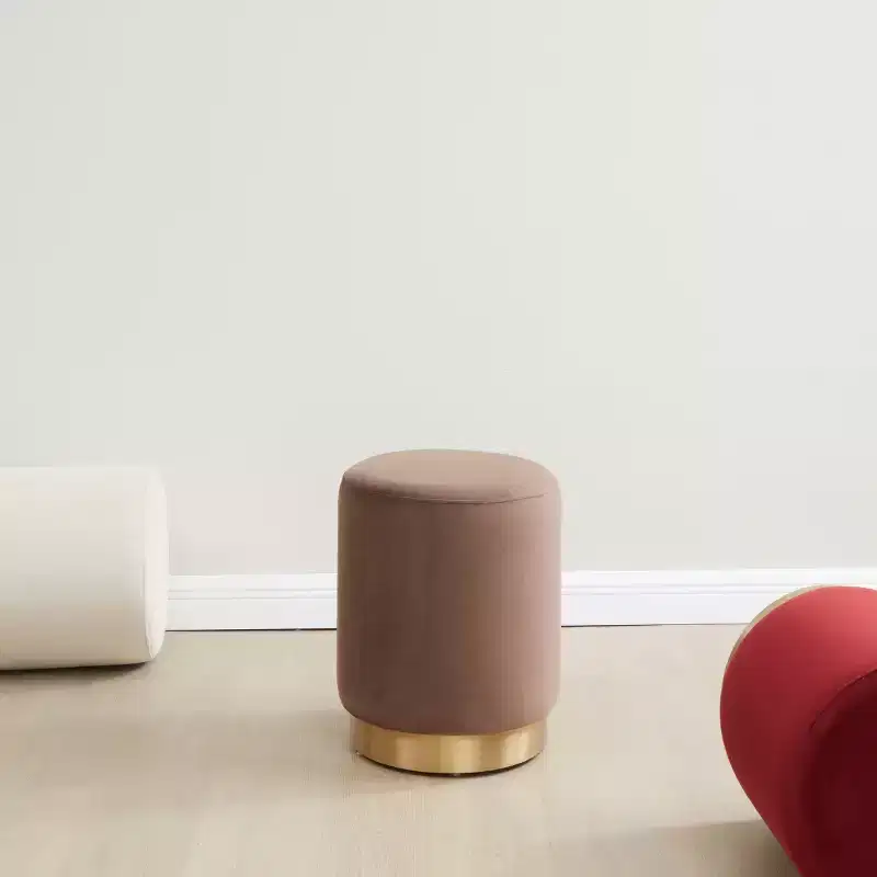 Round Velvet Ottoman with Brass Base, Single Seat — Multi-Color