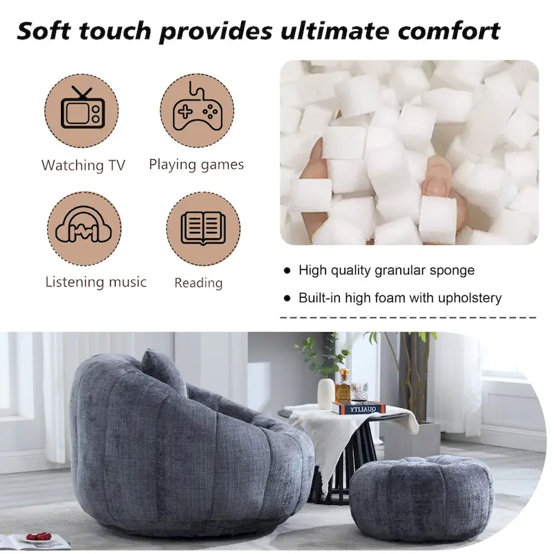HOMEFUN Chenille Upholstered Round Lazy Cozy Bean Bag Chair with Ottoman and a Pillow