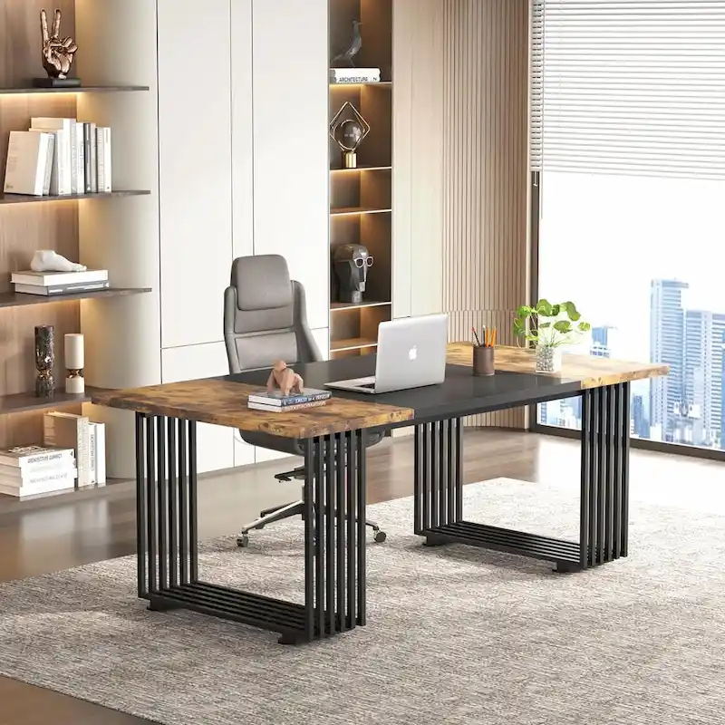 70.9 Modern Office Desk Wood Computer Desk, White Gold Executive Desk