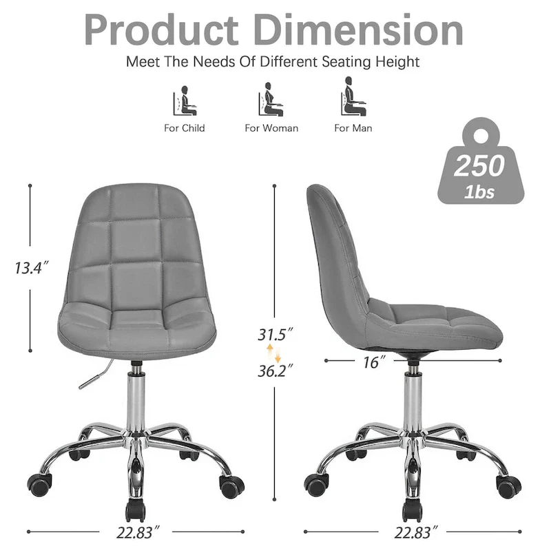 Armless Home Office Chair, Height Adjustable Computer Desk Chair with Wheels