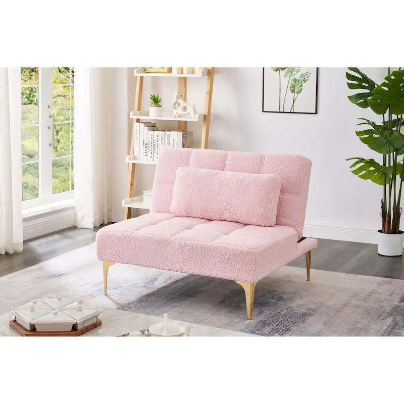 Convertible Futon Teddy Fabric Sofa Bed With Gold Metal Legs