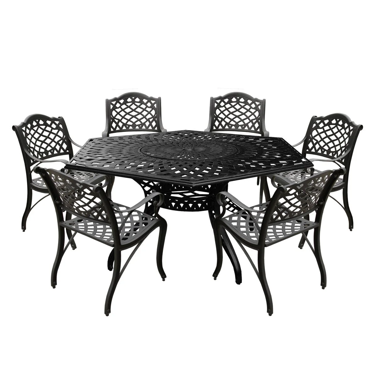 Modern Ornate Outdoor Mesh Aluminum 63-in Large Hexagon Patio Dining Set with Lazy Susan and Six Chairs - N/A