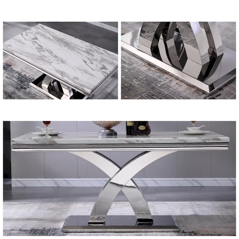 Black and Gold Dining Room Table with 65-inch top and Gold Polished Stainless Steel Metal Double X Base