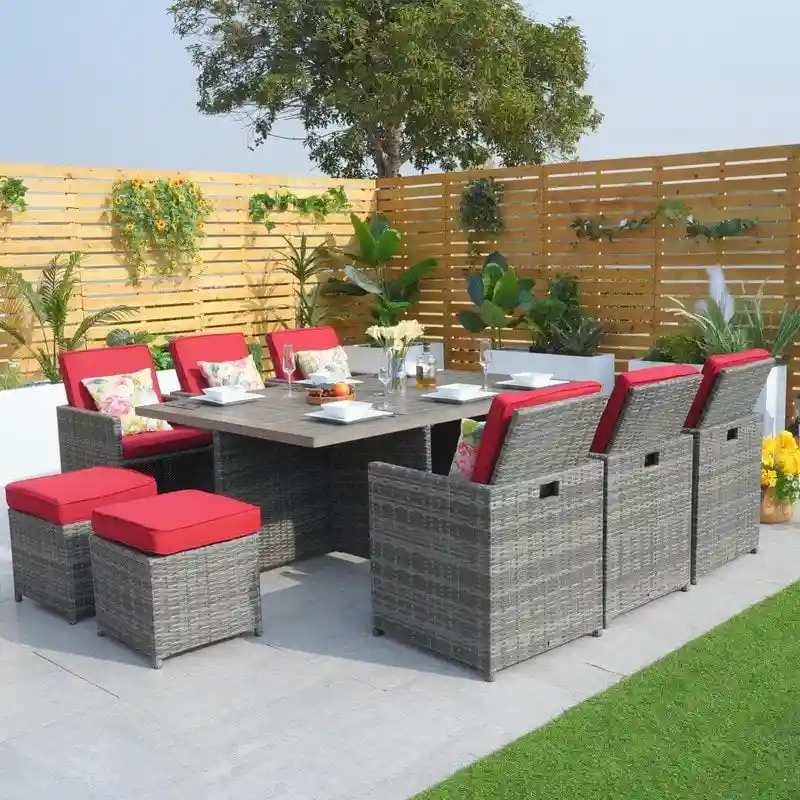 11-Piece Patio Wicker Aluminum Dining Table Set w/ Chairs and Ottomans