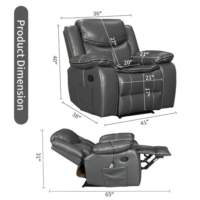 Wide Seat Durable Leather Massage and Heat Recliner