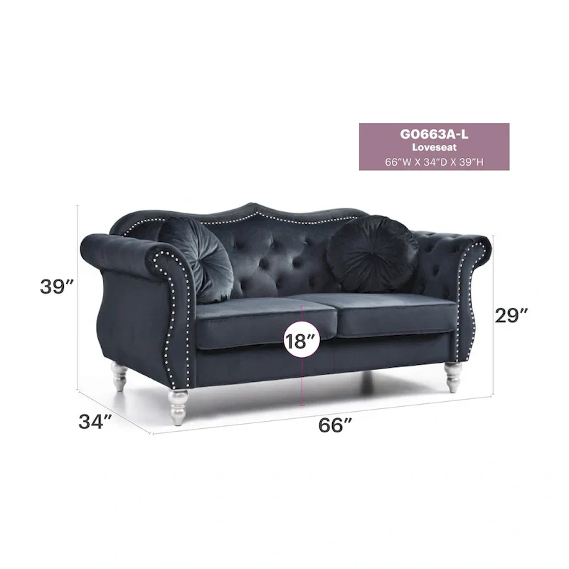 Hollywood 68 in. Velvet Chesterfield Loveseat with 2-Throw Pillow - 68L x 35W x 34H