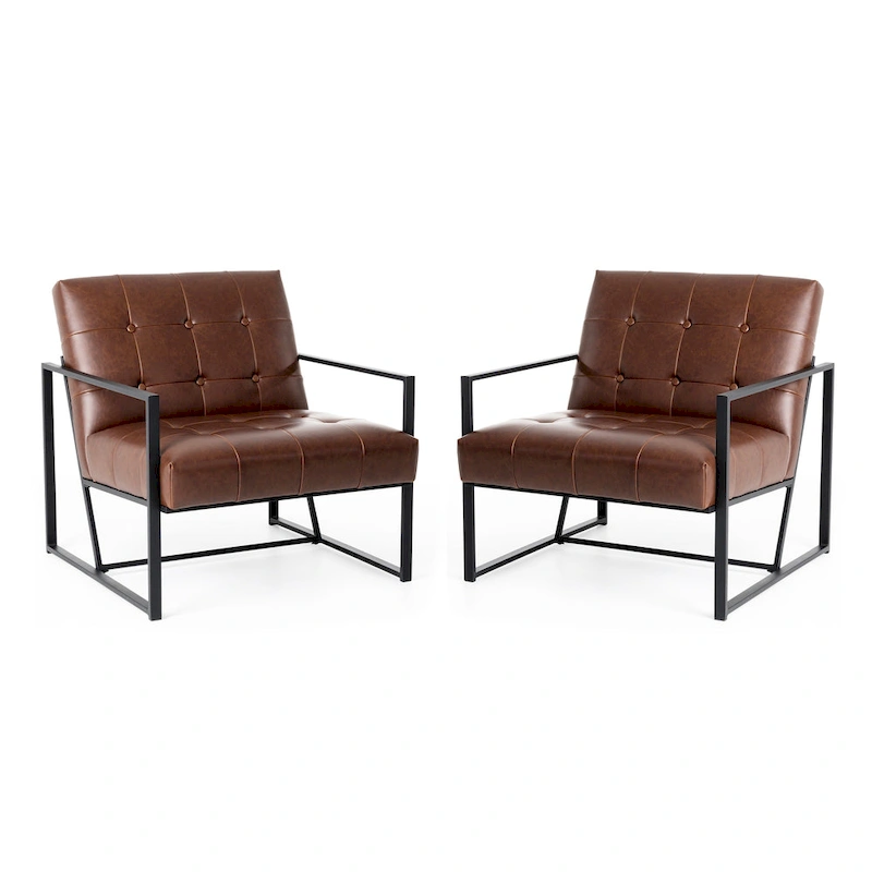 Glitzhome 29.50W Mid-Century PU Leather Tufted Accent Chair - 29.5W x 30.5H x 29.25D