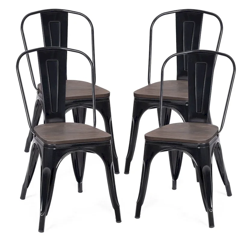 Set of 4 Stackable Bistro Cafe Dining Chair Metal Frame and Wood Seat - See Descriptions