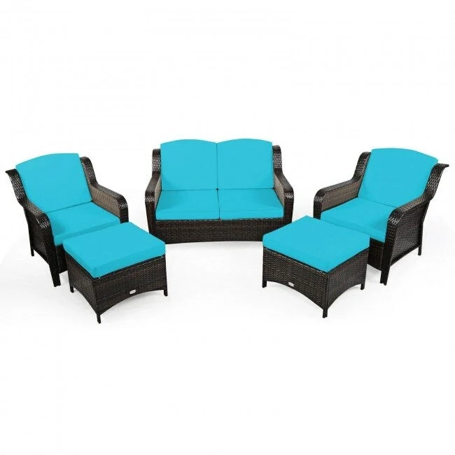 5 Pieces Patio Rattan Sofa Set with Cushion and Ottoman - 51 x 33.5 x 33 (L x W x H)