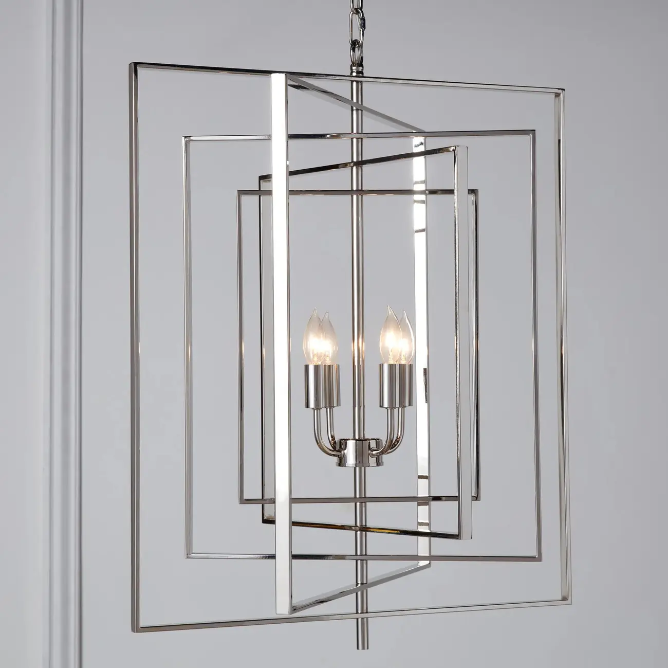 Modern Silver Rectangular Metal Cage Chandelier