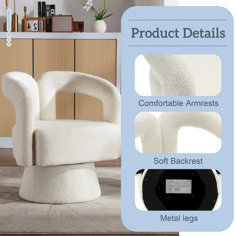 Boucle Upholstered 360° Swivel Barrel Accent Chair, Hardwood Frame, 15-Min Assembly, 6 Colors
