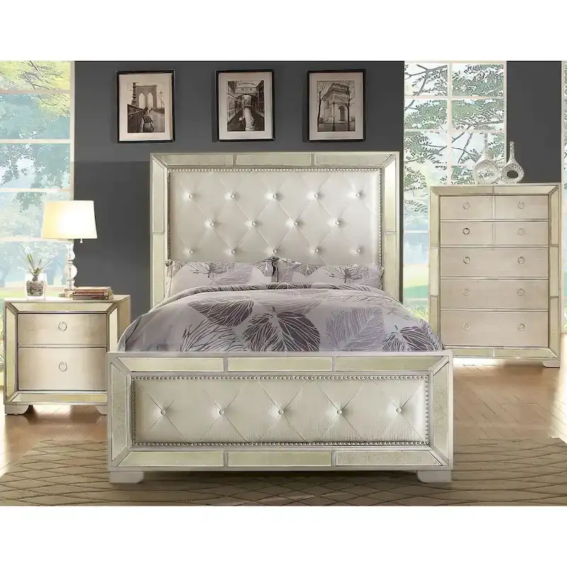 Modern Gold Faux Leather 4-Poster Panel Bed