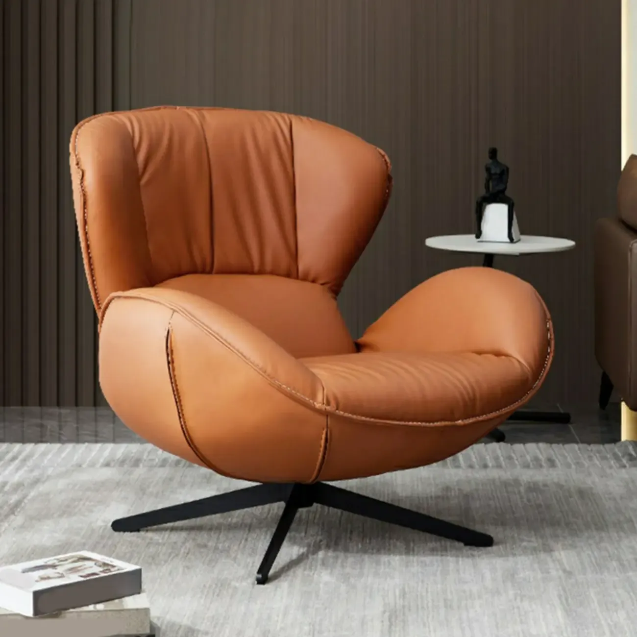 Modern Faux Leather Orange Swivel Barrel Chair
