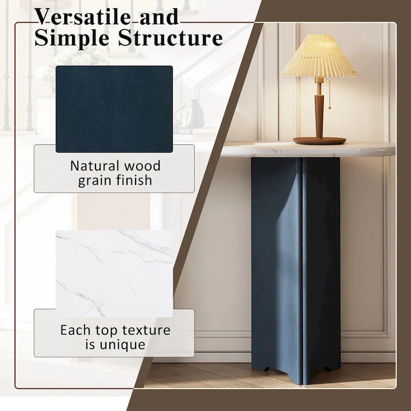 Oval Faux Marble Top Console Table Entryway Table, Narrow Sofa Table Hallway Accent Table with Triangular Base