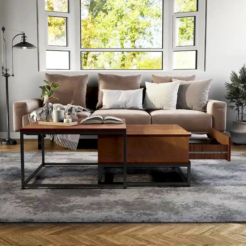 Rustic Brown Square 2-Piece Solid Wood Coffee Nesting Tables with 1-Drawer