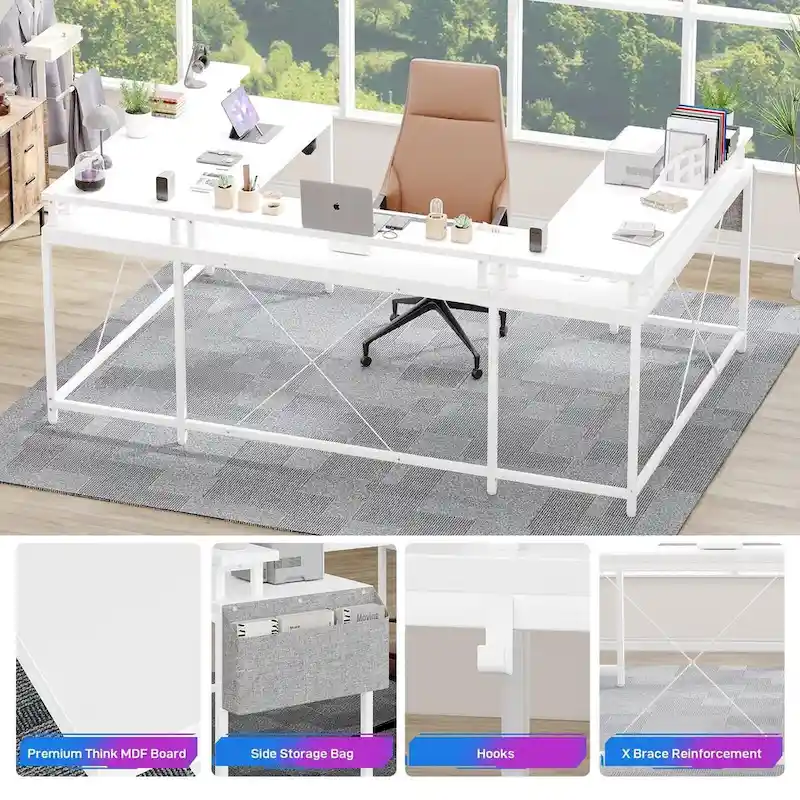 Reversible Shaped Large Computer Desk with Power Outlets