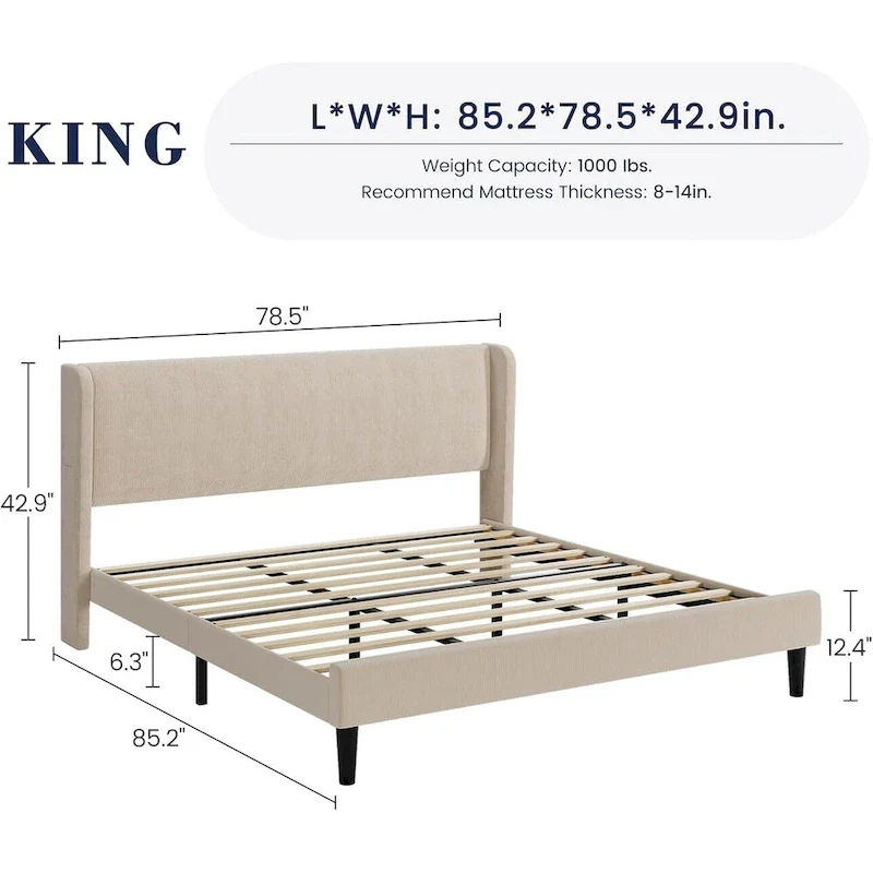 Upholstered Wingback Bed Frame with Velvet Headboard