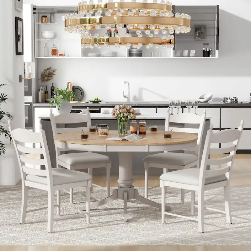 5 Piece Round Dining Table Set, Solid Wood Kitchen Table and Chair Set with Extendable Table and 4 Upholstered Chairs